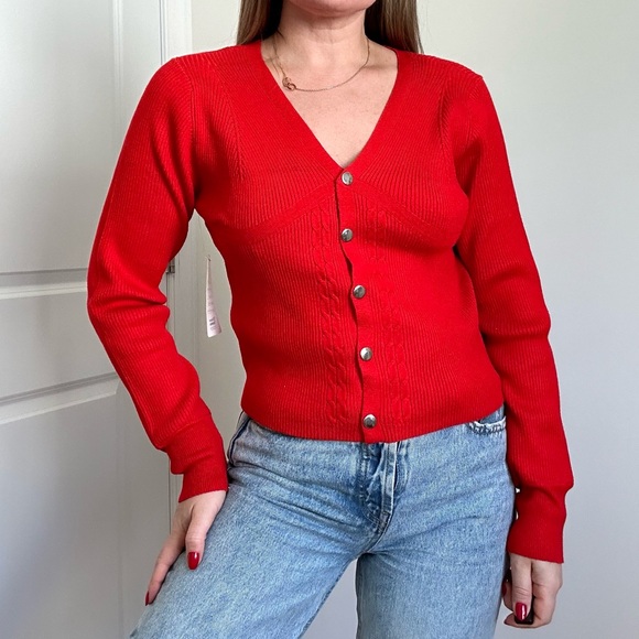 V-neck Ribbed Long Sleeve Snap Front Cardigan - Picture 2 of 9